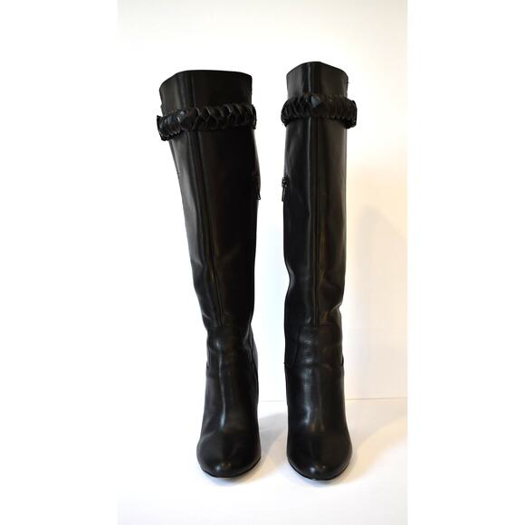 Saks Fifth Avenue Black Tall Boots Size 7M Leather Zipper Ribbon - Picture 1 of 13